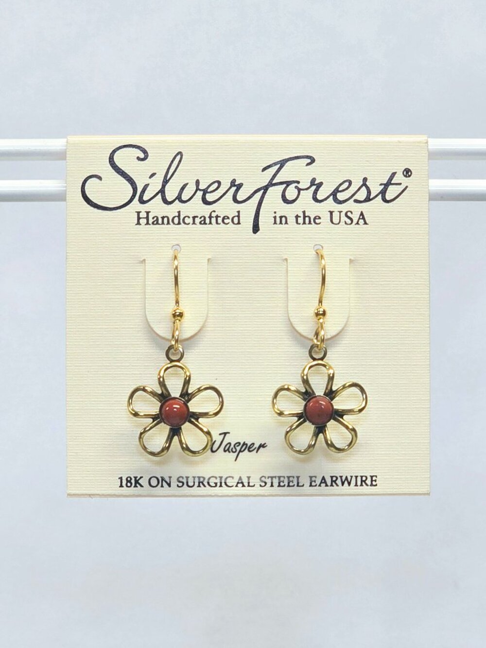 Open Flower With Jasper Stone Silver Metal Drop Earrings